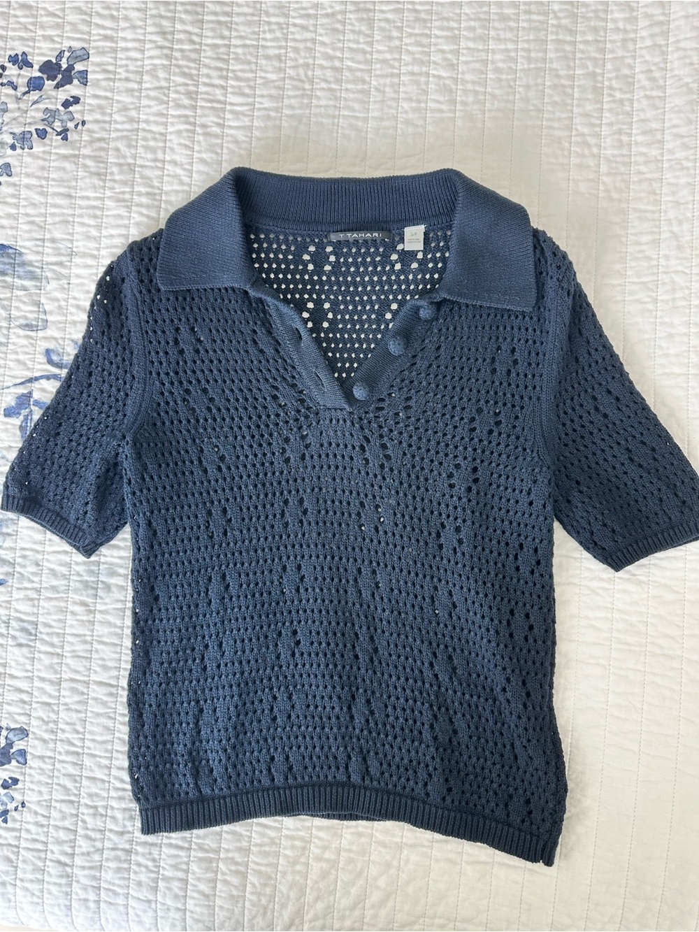 T Tahari Navy Open-Knit Crochet Polo Top Size S